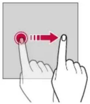 Diagram showing finger pressing a button with red arrow indicating direction, likely illustrating a touch or press function.