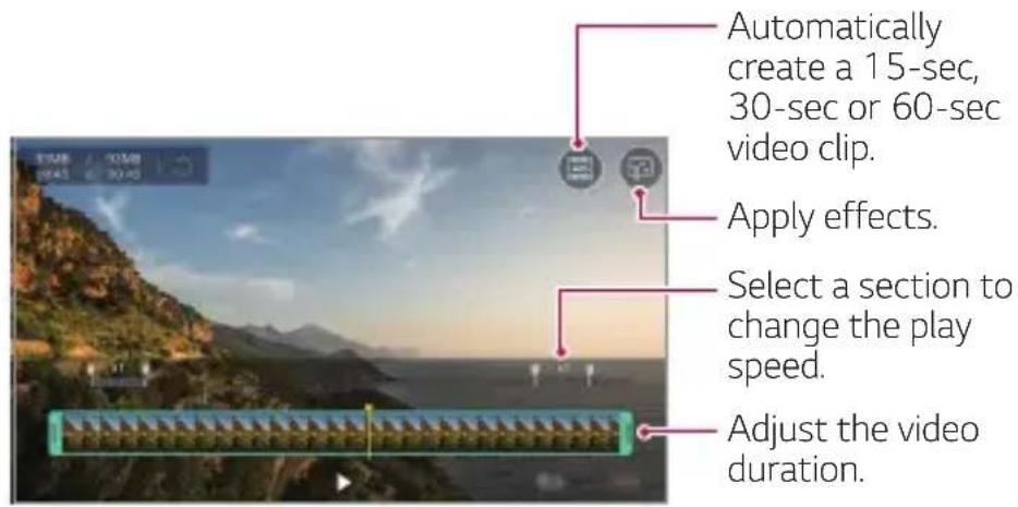 Automatically create a 15-sec, 30-sec or 60-sec video clip. Apply effects. Select a section to change the play speed. Adjust the video duration.