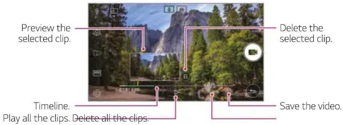 Preview the selected clip. Delete the selected clip. Timeline. Play all the clips. Delete all the clips. Save the video.
