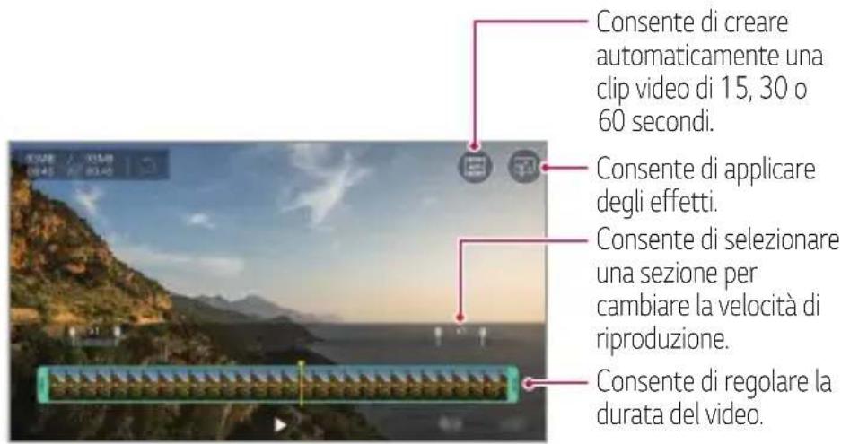 Consente di creare automaticamente una clip video di 15, 30 o 60 secondi. Consente di applicare degli effetti. Consente di selezionare una sezione per cambiare la velocità di riproduzione. Consente di regolare la durata del video.