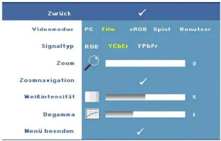 Zurück Videomodus PC Film sRGB Spiel Benutzer Signaltyp RGB YCbCr YPbPr Zoom 0 Zoomnavigation ✓ Weißintensität 5 Degamma 1 Menü beenden ✓
