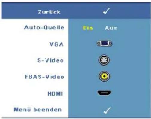 Zurück Auto-Quelle VGA S-Video FBAS-Video HDMI Menü beenden Ein Aus