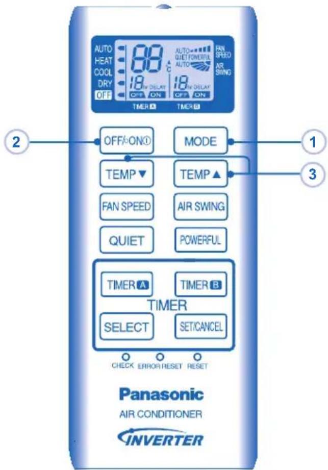 AUTO HEAT COOL DRY OFF 18m DELAY OFF ON 18m DELAY OFF ON THER THER OFF/ON① MODE TEMP ▼ TEMP▲ FAN SPEED AIR SWING QUIET POWERFUL TIMER A TIMER B SELECT SET/CANCEL CHECK ERROR RESET RESET Panasonic AIR CONDITIONER INVERTER