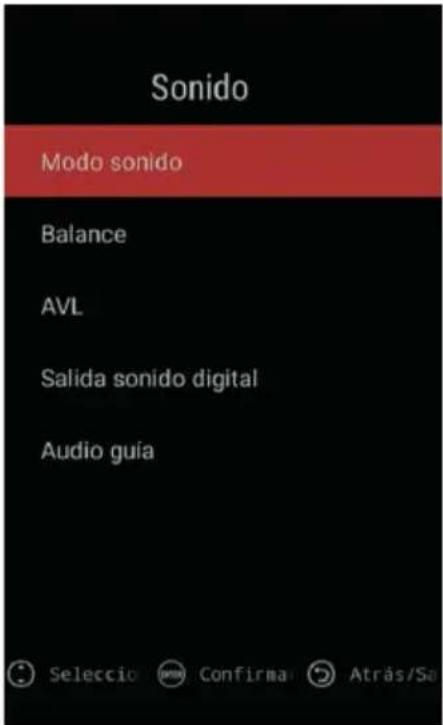 Sonido Modo sonido Balance AVL Salida sonido digital Audio guía Seleccio Confirma Atras/Sa