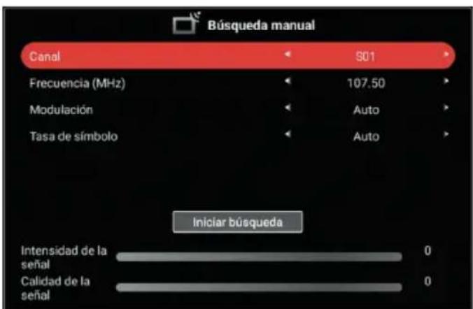 Búsqueda manual Canal S01 Frecuencia (MHz) 107.50 Modulación Auto Tasa de símbolo Auto Iniciar búsqueda Intensidad de la señal 0 Calidad de la señal 0