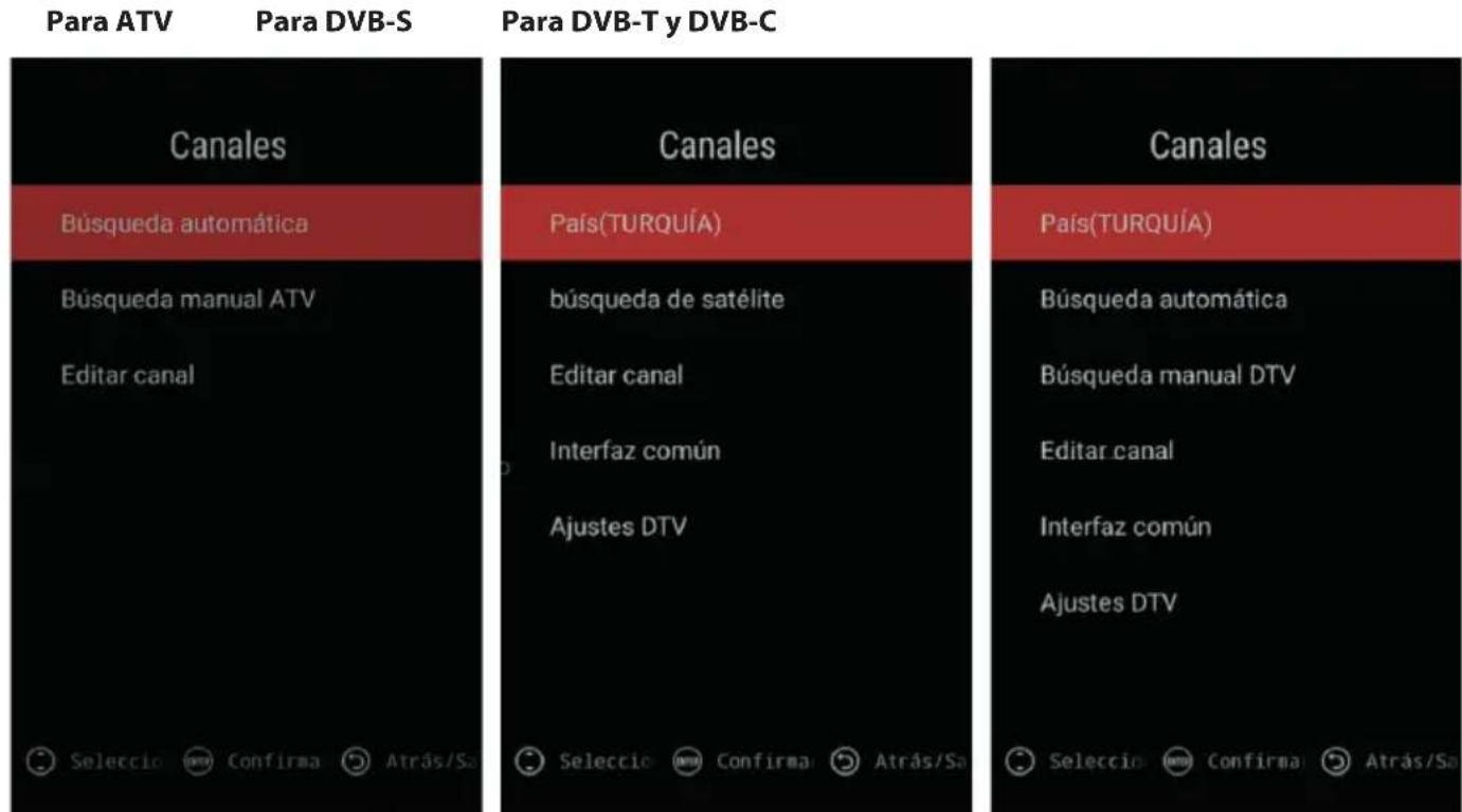 Para ATV Para DVB-S Para DVB-T y DVB-C Canales Búsqueda automática Búsqueda manual ATV Editar canal Seleccio Confirma Atrás/Sa Canales País(TURQUIÁ) búsqueda de satélite Editar canal Interfaz común Ajustes DTV Seleccio Confirma Atrás/Sa Canales País(TURQUIÁ) Búsqueda automática Búsqueda manual DTV Editar canal Interfaz común Ajustes DTV Seleccio Confirma Atrás/Sa