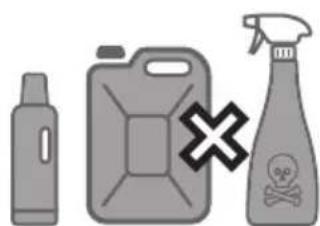 Illustration of three items: a bottle, a fuel can with a cross mark, and a spray bottle with skull and cross symbol (no text or labels)