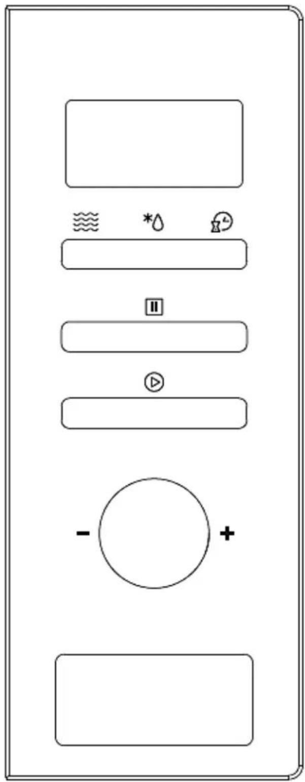 Mobile app interface screenshot with basic UI elements and buttons, including battery, water drop, play button, and progress indicator.