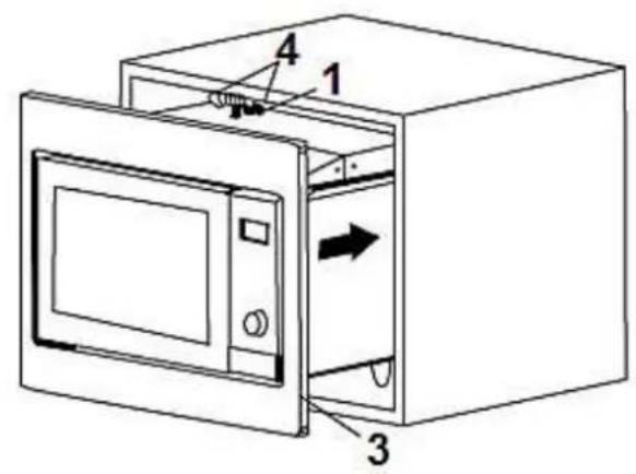Diagram of a microwave oven with labeled parts including door, vent, and door panel