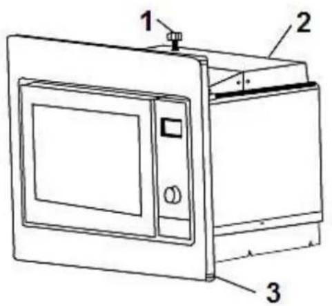 Technical diagram of a microwave oven with labeled parts 1, 2, and 3