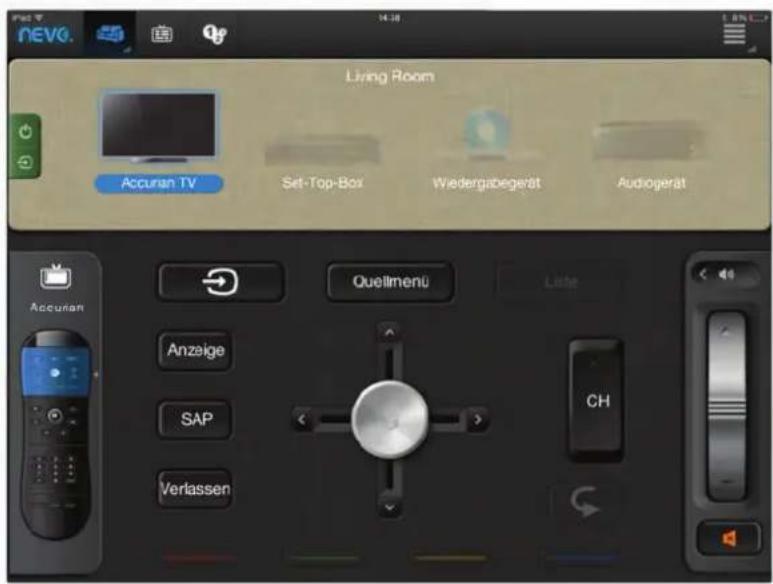 NEVO. Living Room Accuran TV Set-Top-Box Wiedergabegerät Audiogerät Quellmenü Lote Anzeige SAP Verlassen CH