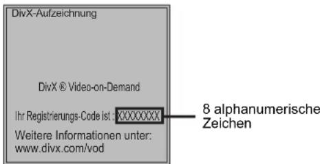 DivX-Aufzeichnung DivX ® Video-on-Demand Ihr Registrierungs-Code ist : 8 alphanumerische Zeichen Weitere Informationen unter: www.divx.com/vod