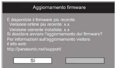 Aggiornamento firmware È disponibile il firmware più recente. Versione online più recente: x.x Versione corrente installata: x.x Si desidera avviano l'aggiornamento del firmware? Per informazioni sull'aggiornamento visitare il sito web: http://panasonic.net/support/ Sí