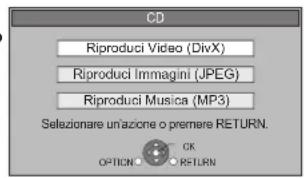 CD Riproduci Video (DivX) Riproduci Immagini (JPEG) Riproduci Musica (MP3) Selezionare un'azione o premere RETURN. OPTION: OK RETURN