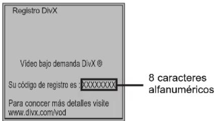 Registro DivX Video bajo demanda DivX ® Su código de registro es XXXXXXXX Para conocer más detalles visite www.divx.com/vod 8 caracteres alfanuméricos