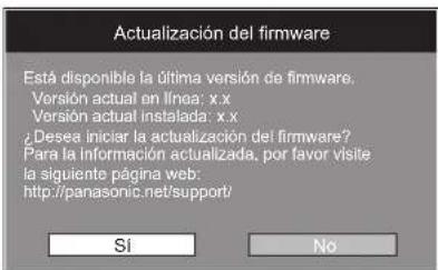 Actualización del firmware Está disponible la última versión de firmware. Versión actual en línea: x.x Versión actual instalada: x.x ¿Desea iniciar la actualización del firmware? Para la información actualizada, por favor visite la siguiente página web: http://panasonic.net/support/ SI No