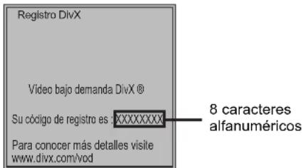 Registro DivX Video bajo demanda DivX ® Su código de registro es XXXXXXXX Para conocer más detalles visite www.divx.com/vod 8 caracteres alfanuméricos