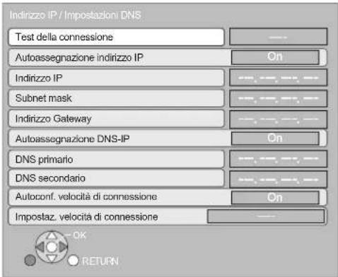 Indirizzo IP / Impostazioni DNS Test della connessione Autoassegnazione indirizzo IP Indirizzo IP Subnet mask Indirizzo Gateway Autoassegnazione DNS-IP DNS primario DNS secondario Autoconf. velocità di connessione Impostaz. velocità di connessione OK RETURN