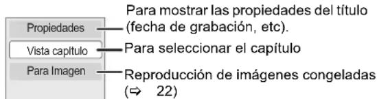 Propiedades Vista capítulo Para Imagen Para mostrar las propiedades del título (fecha de grabación, etc). Para seleccionar el capítulo Reproducción de imágenes congeladas (→ 22)