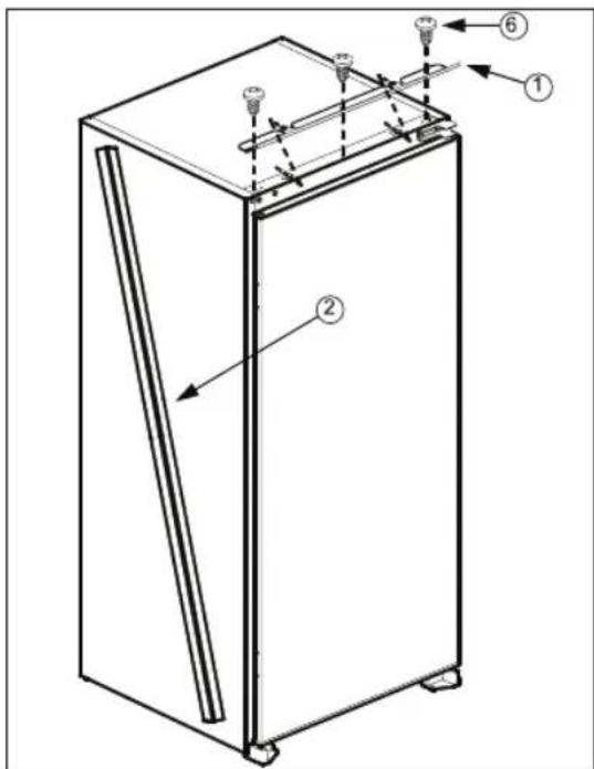 Technical diagram of a refrigerator with numbered components and labeled parts
