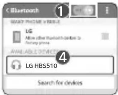 Bluetooth 1 START PHONE NAME LG More other Bluetooth device For any group AVAILABLE PRODUCTS 4 LG HBS510 Search for devices