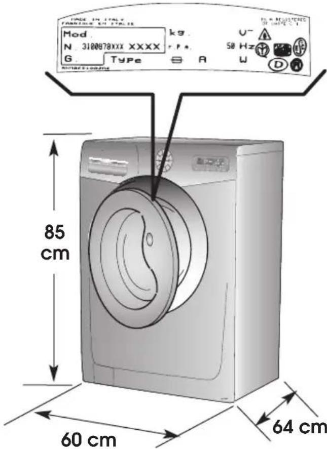 MODE IN ITALY FABBAGE EN STATION Mod. N. 3100978XXX XXXX G. Type kg. U- 50 Hz 50 R W D INTERTIANCE 85 cm 60 cm 64 cm
