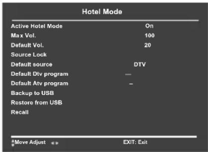 Hotel Mode Active Hotel Mode On Max Vol. 100 Default Vol. 20 Source Lock Default source DTV Default Dtv program — Default Atv program — Backup to USB Restore from USB Recall Move Adjust EXIT: Exit