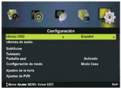 Configuración Idioma OSD Español Idiomas de audio Subtitulos Teletexto Pantalla azul Activado Configuración de modo Modo Casa Ajustes de la hora Ajustes de PVR Mover Ajustar MENU: Volver EXIT: Salir