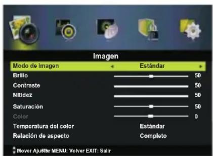 Imagen Modo de imagen Estándar Brillo 50 Contraste 50 Nitidez 50 Saturación 50 Color 0 Temperatura del color Estándar Relación de aspecto Completo Mover Ajuster MENU: Volver EXIT: Salir