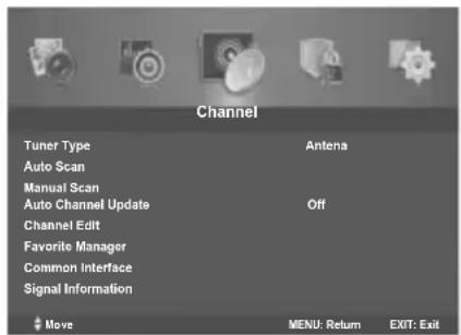 Channel Tuner Type Antena Auto Scan Manual Scan Auto Channel Update Off Channel Edit Favorite Manager Common Interface Signal Information Move MENU: Return EXIT: Exit