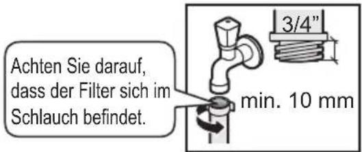 Achten Sie darauf, dass der Filter sich im Schlauch befindet. 3/4" min. 10 mm