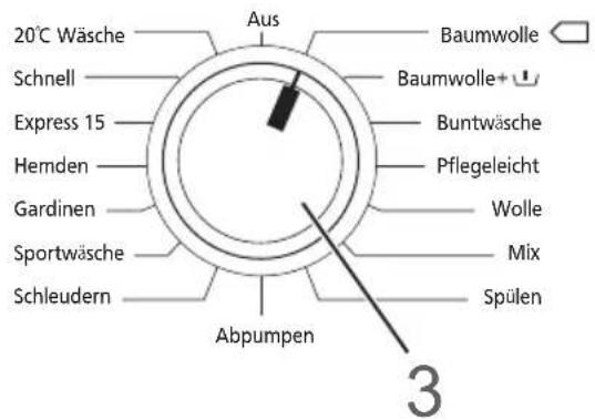 20°C Wäsche, Schnell, Express 15, Hemden, Gardinen, Sportwäsche, Schleudern, Aus, Baumwolle, Baumwolle+, Buntwäsche, Pflegeleicht, Wolle, Mix, Spülen, Abpumpen, 3