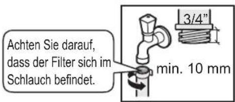 Achten Sie darauf, dass der Filter sich im Schlauch befindet. 3/4" min. 10 mm