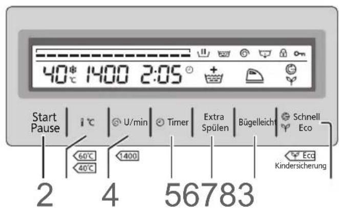 40°C 1400 2:05 Start Pause | 1°C | U/min | Timer | Extra Spülen | Bügelieich | Schnell Eco 60°C 40°C 1400 Kindersicherung 2 4 56783