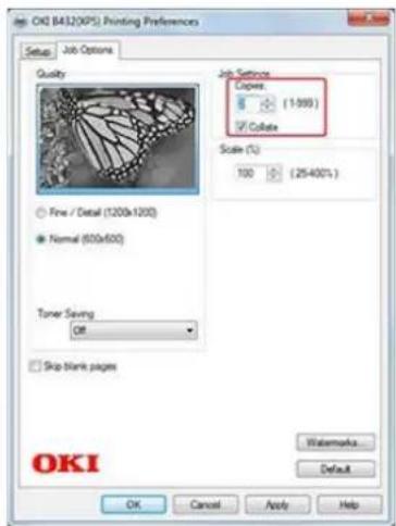 OKI (432)(KPS) Printing Preferences Setup Job Options Quality Job Settings Copets: (1:999) Collapse Scale (C:) 100 (25:400%) Fine / Detail (1200x1200) Normal (600x600) Tuner Saving Off Skip Blank pages OKI Watermarks Default OK Cancel Apply Help