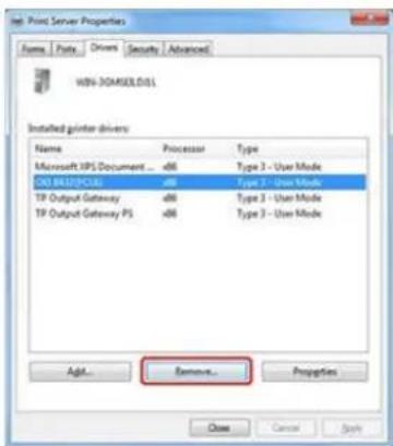 WIN-30MSEL015 Installed printer drivers Name Processor Type Microsoft XPS Document... 48 Type 7 - User Mode D:\WINDOWS\COS\ 48 Type 7 - User Mode TP Output Gateway 48 Type 3 - User Mode TP Output Gateway PS 48 Type 3 - User Mode Add... Remove... Properties Close Cancel Split