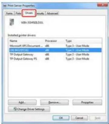 Print Server Properties Name Plats Drums security Advanced WIN-30MSEL2011 Installed printer drivers Name Processor Type Microsoft XPS Document... dll工程技术 Type 3 - User Mode DB 541970281 dll工程技术 Type 3 - User Mode TP Output Gateway dll工程技术 Type 3 - User Mode TP Output Gateway PS dll工程技术 Type 3 - User Mode Add... Remove... Properties FX Change Driver Settings OK Cancel Help