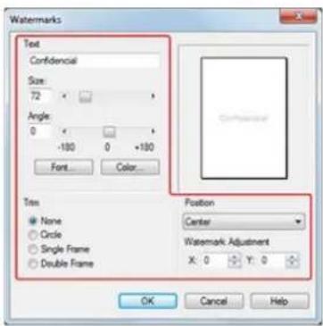 Watermarks Text Confidencial Size: 72 Angle: 0 -180 0 +180 Font Color... Trim None Circle Single Frame Double Frame Position Center Watermark Adjustment X: 0 Y: 0 OK Cancel Help