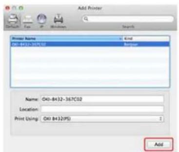 Add Poster Default Fax Print Search Printer Name Kind OXi-8432-367C02 Printer Name: OXi-8432-367C02 Location: Print Using: OXi 8432(PS) Add