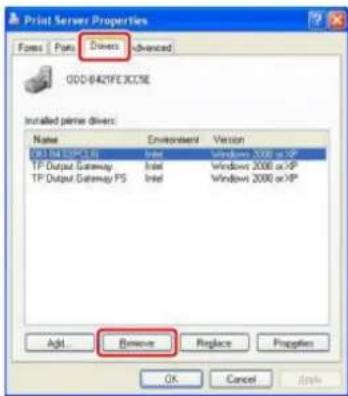 Print Server Properties Forms Parts Drawers Advanced GDD-B421FE.XCCNE Installed power driver: Name Environment Version ORU NA ESPCEL Intel Windows 2008 or XP TP Output Gateway Intel Windows 2008 or XP TP Output Gateway PS Intel Windows 2008 or XP Add... Remove Replace Properties OK Cancel Help