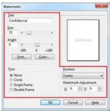 Watermarks Text Confidencial Size: 72 Angles: 0 -180 0 +180 Font... Color... Tj/m None Circle Single Frame Double Frame Position Center Watermark Adjustment OK Cancel Help