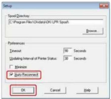 Setup Spool Directory: C:\Program Files\Okidara\OKI LPR Spooh Browse... Preferences Timeout 90 Seconds Updating Interval of Printer Status: 30 Seconds Minimize ✓ Auto Reconnect OK Cancel Help