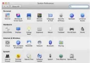 System Preferences Personal General Desktop & Screen Server Block Wiseon Control Language & Tech Security & Privacy Sunlight Universal Audio Hardware CD & DISCU Display Storage Server Keyboard Mouse Flashpad Print & Print Smart Internet & Wireless iCloud View, Complete & Calendar Watch/Help Networks Bluetooths Shopping Systems Users & Groups Parental Commerce Data & Time Software Options Speech Tube Machine Startup Drive