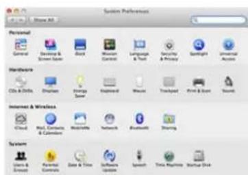 System Preferences Personal General Desktop & Screen Panel Black Microsoft Windows Language & Tools Security & Privacy Spotlight Universal Access Hardware Cite & Desktop Display Chrome Windows Transpilot Print & Scan Sound Internet & Wireless iCloud Real, Controls & Calendars Macintosh Networks Bluetooth Therap System Users & Servers Parental Controls Data & Trains Database Updates Speech Time, Maps/Video Weather Dash