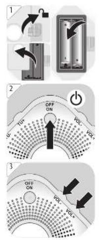 Diagram illustrating three steps of a device control panel with directional arrows and labeled states (OFF ON, VOLT, TUS)