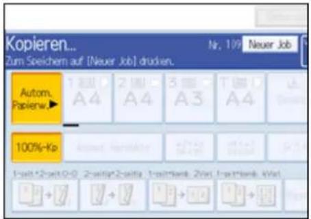 Kopieren... Zum Speichem auf [Neuer Job] drudien. Autom. Papierw. 100%-Kp 1-wei 2-wei 0-0 2-wei 2-wei 1-wei 3-wei 2-wei 1-wei 3-wei 4-wei