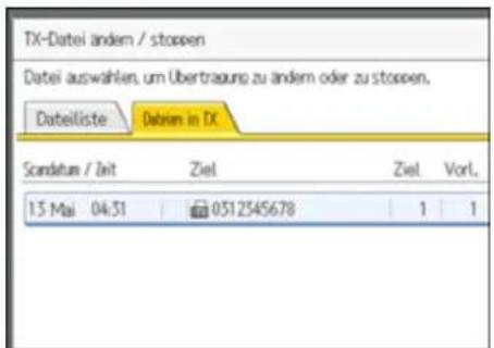 TX-Datei anders / stoppen Datei auswahlen, um Übertragung zu andem oder zu stoppen. Dateiliste Debriein in TX Scandatum / Zeit Ziel Ziel Vort. 13 Mai 04:51 0312545678 1 1