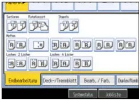 Sortiern Rotatflussart Shapels Hofes R : R R : R R : R R : R Lochen: 2 Lücher Lochen: 4 Lücher R : R R : R R : R Endbearbeitung Deck-/Tremblatt Bearb. / Farb. Duplex/Komb Systemstatus Jobliste