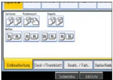 Sortions Rotate/sport Shapeo Heften R : R R : R R : R R : R Endbearbeitung Deck-/Trennblatt Beabs. / Farb. Duplex/Kerb Systemstatus Jobliste