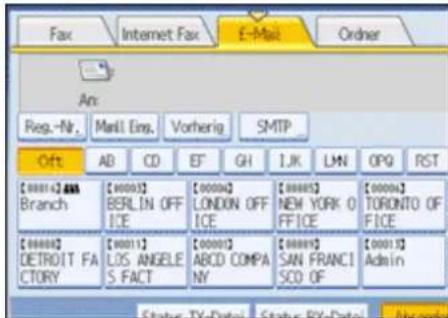 Fax Internet Fax E-Mail Order An: Reg.-Nr. Mail Eins. Vorherig SMTP Oft AB CD EF GH IJK LMN OPQ RST [00014]#A# Branch [00093] BERLIN OFF ICE [00004] LONDON OFF ICE [00005] NEW YORK 0 FFICE [00006] TORONTO OF FICE [00008] DETROIT FA CTORY [00011] LOS ANGELE S FACT [00003] ABCD COMPA NY [00009] SAN FRANCI SCO OF [00015] Admin Status TX-Date Status RX-Date Abandon